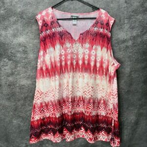 Catherines Ikat Geometric Print Sleevless Tank Top Plus Size 4X Red Pink Lace